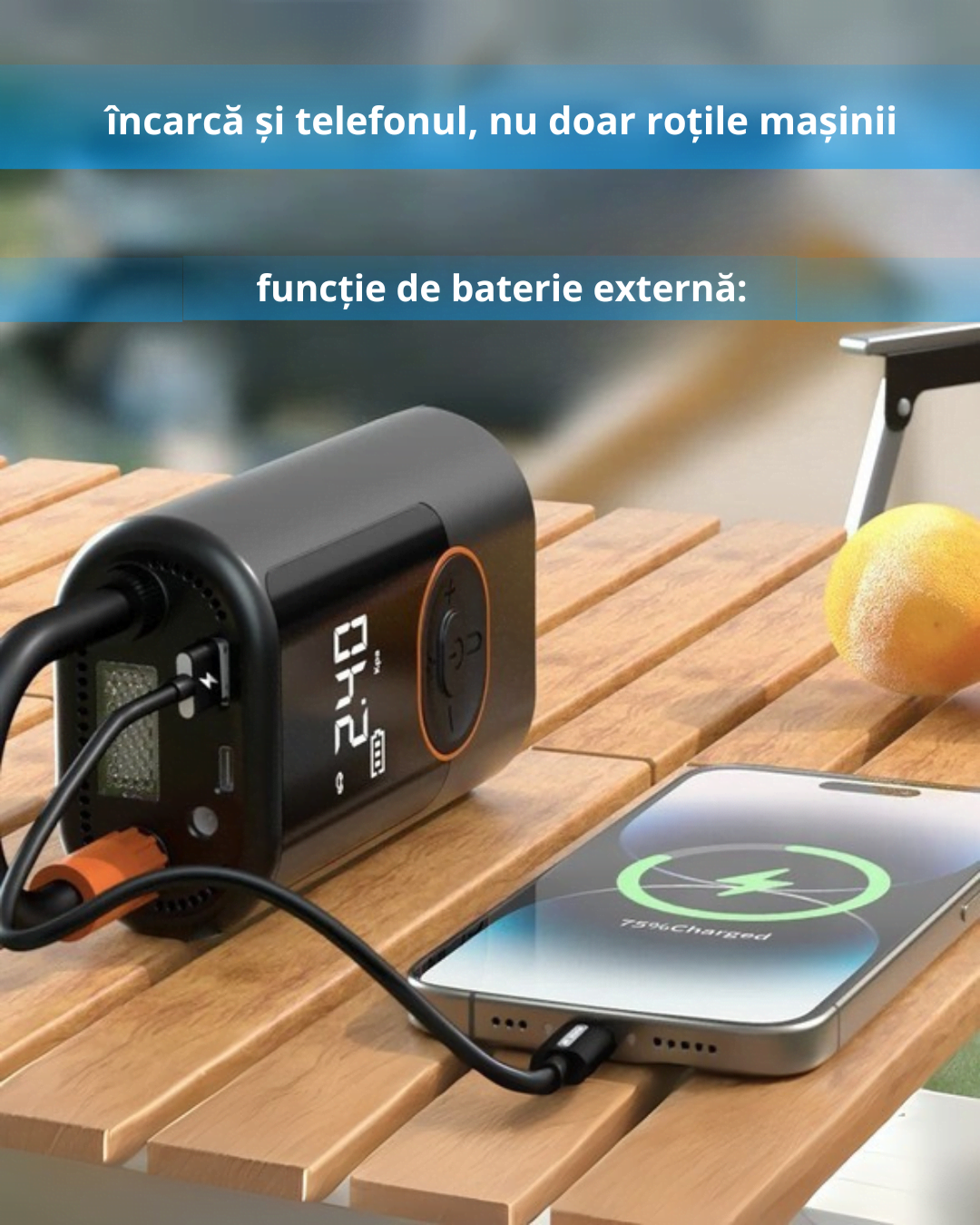 compresor auto portabil Brily cu functie de baterie externa si lanterna